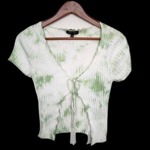 Cotton Candy LA Y2K Tie Front Cardigan Rib Knit Green Tie Dye Short Sleeve S